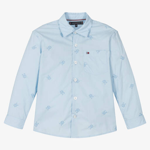 Tommy Hilfiger-Boys Blue Embroidered Cotton Shirt | Childrensalon