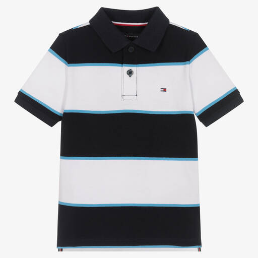 Tommy Hilfiger-Boys Blue Striped Cotton Polo Shirt | Childrensalon