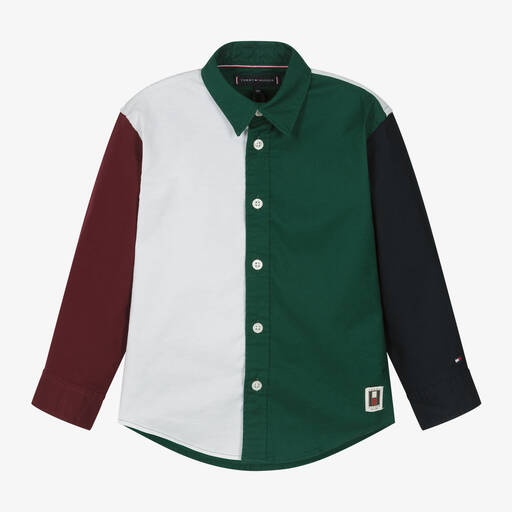 Tommy Hilfiger-Boys Green Cotton Colourblock Shirt | Childrensalon