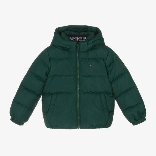 Tommy Hilfiger-Boys Green Down Padded Hooded Jacket | Childrensalon