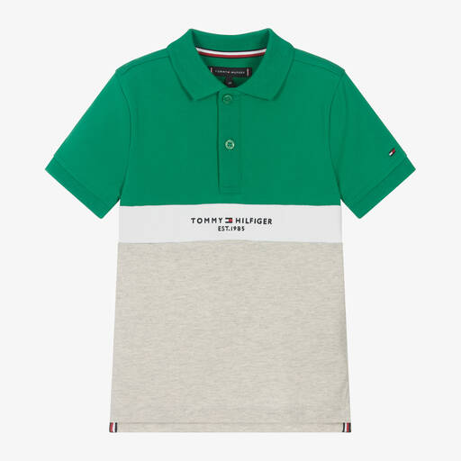 Tommy Hilfiger-Boys Green & Grey Cotton Polo Shirt | Childrensalon