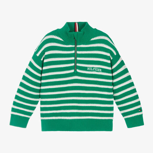 Tommy Hilfiger-Boys Green Striped Cotton Knit Sweater | Childrensalon