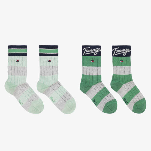 Tommy Hilfiger-Boys Green Striped Logo Socks (2 Pack) | Childrensalon