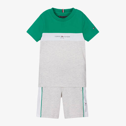 Tommy Hilfiger-Boys Grey & Green Cotton Shorts Set | Childrensalon