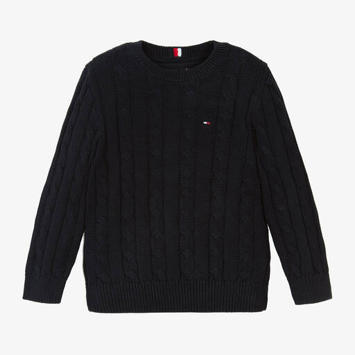 Tommy Hilfiger-Boys Navy Blue Cotton Cable Knit Sweater | Childrensalon