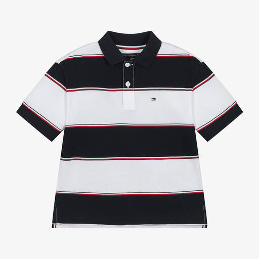 Tommy Hilfiger-Boys Navy Blue Striped Cotton Polo Shirt | Childrensalon