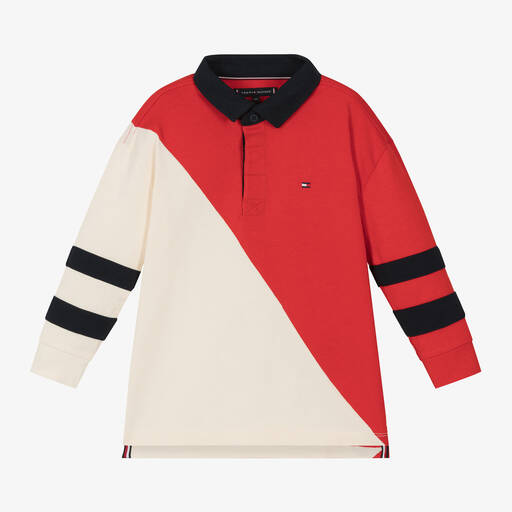 Tommy Hilfiger-Boys Red Colourblock Cotton Polo Shirt | Childrensalon