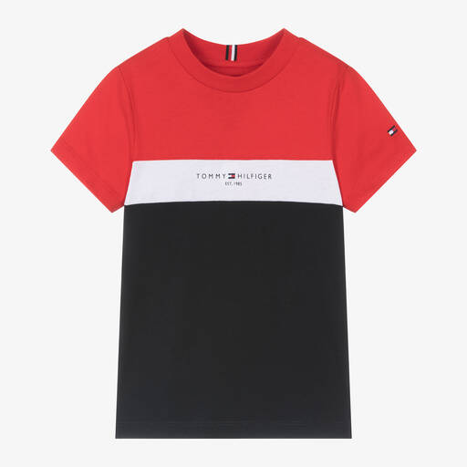 Tommy Hilfiger-Boys Red Cotton Colourblock T-Shirt | Childrensalon