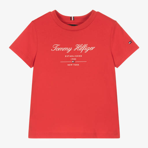 Tommy Hilfiger-Boys Red Cotton Script T-Shirt | Childrensalon