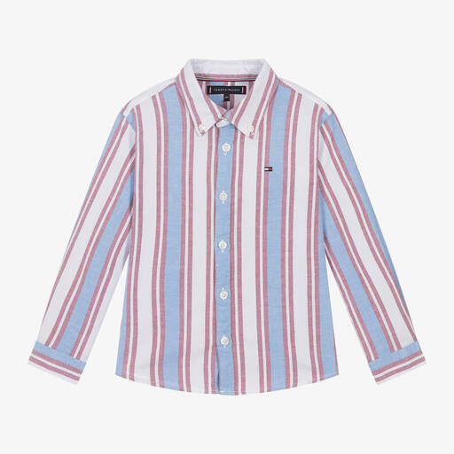 Tommy Hilfiger-قميص قطن أكسفورد مقلم لون أزرق وأحمر للأولاد | Childrensalon