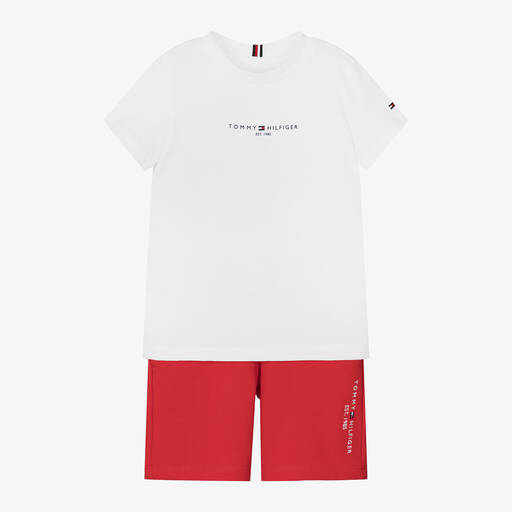 Tommy Hilfiger-Boys Red & White Cotton Shorts Set | Childrensalon