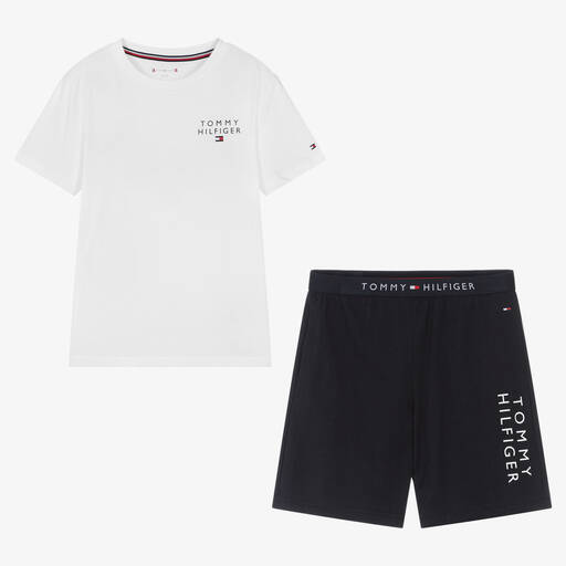 Tommy Hilfiger-Boys White & Blue Cotton Logo Short Pyjamas | Childrensalon