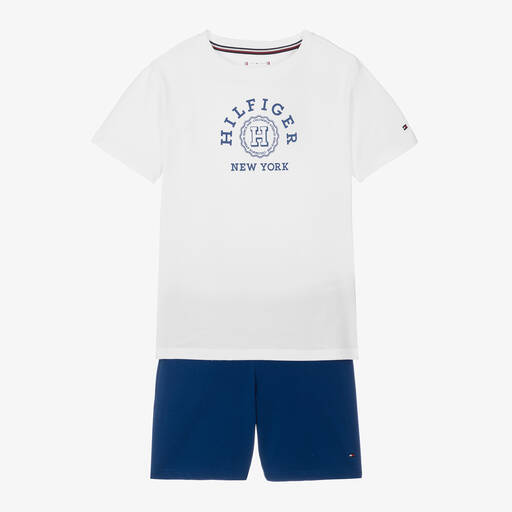 Tommy Hilfiger-Boys White & Blue Cotton Short Pyjamas | Childrensalon
