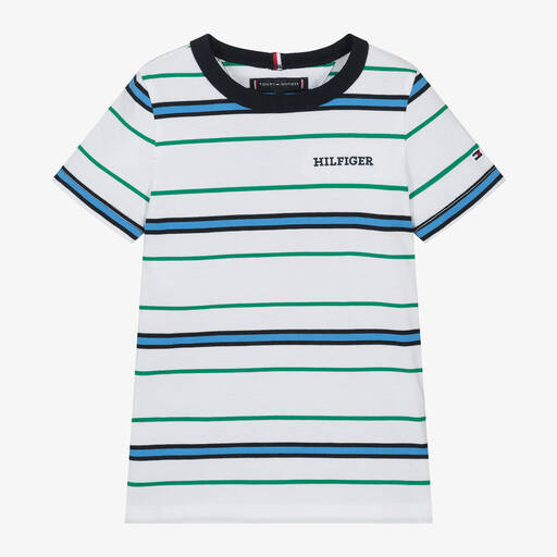 Tommy Hilfiger-Boys White & Blue Cotton Stripe T-Shirt | Childrensalon
