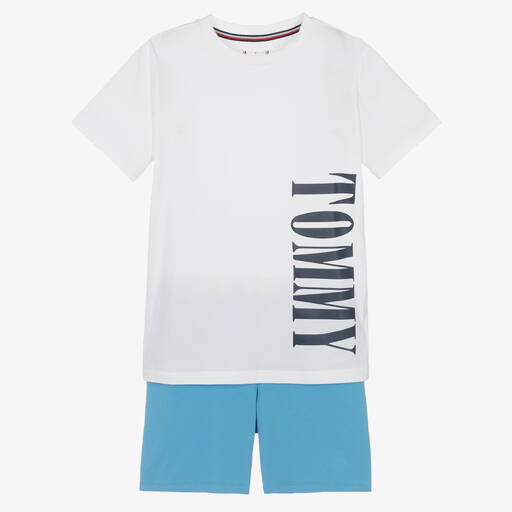 Tommy Hilfiger-Boys White & Blue Logo Pyjamas | Childrensalon