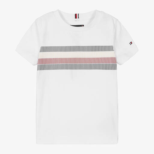 Tommy Hilfiger-Boys White Cotton Global Stripe T-Shirt | Childrensalon