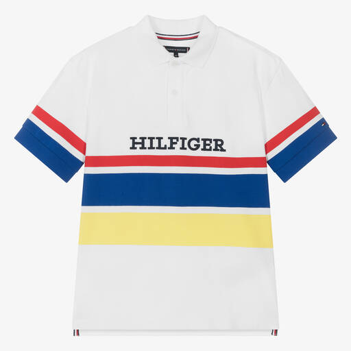 Tommy Hilfiger-Boys White Cotton Stripe Polo Shirt | Childrensalon
