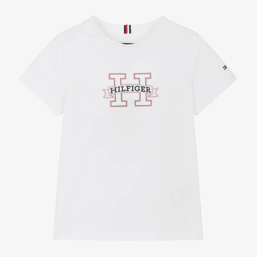 Tommy Hilfiger-Boys White Cotton T-Shirt | Childrensalon