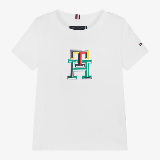 Tommy Hilfiger-Boys White Monogram Cotton T-Shirt | Childrensalon