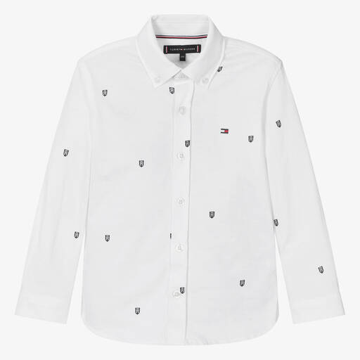 Tommy Hilfiger-قميص قطن أكسفورد بطبعة مونوغرام لون أبيض للأولاد | Childrensalon