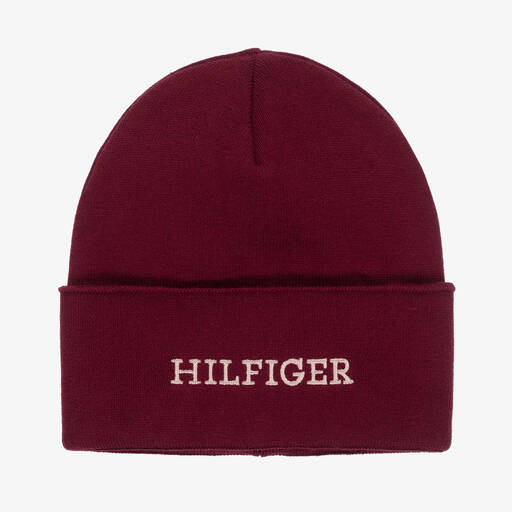 Tommy Hilfiger-قبعة بيني قطن محبوك لون أحمر برغندي | Childrensalon