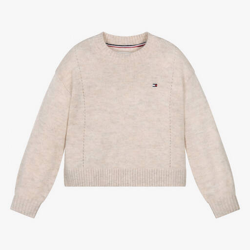 Tommy Hilfiger-Girls Beige Embroidered Wool Sweater | Childrensalon