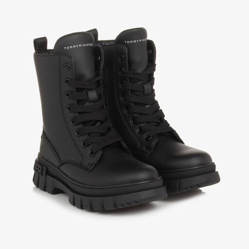 Tommy Hilfiger-Girls Black Faux Leather Boots | Childrensalon