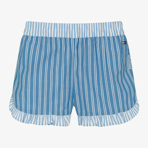 Tommy Hilfiger-Girls Blue Striped Cotton Shorts | Childrensalon