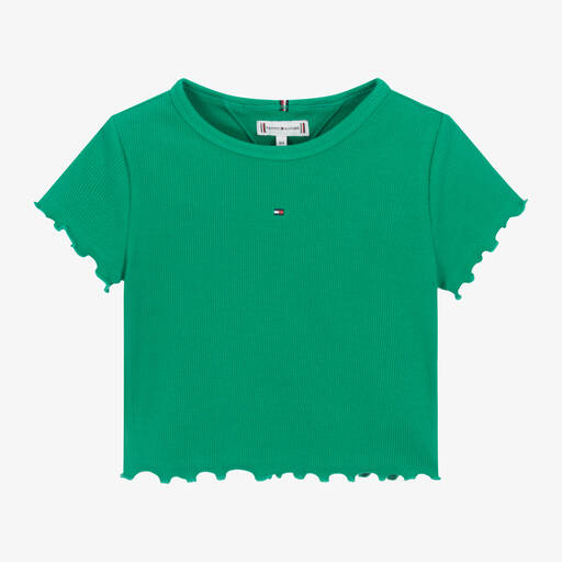 Tommy Hilfiger-Girls Green Ribbed Cotton T-Shirt | Childrensalon