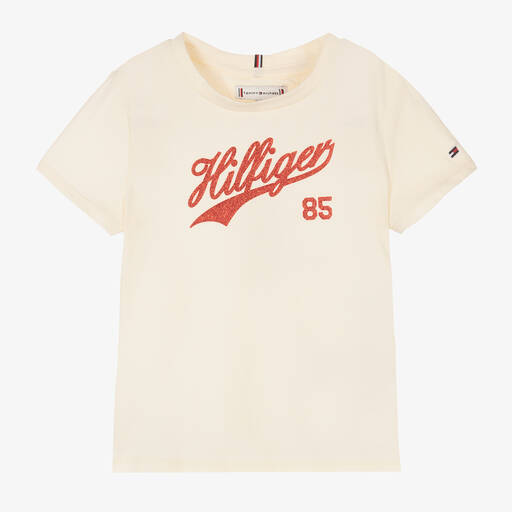 Tommy Hilfiger-Girls Ivory & Red Glitter Varsity T-Shirt | Childrensalon