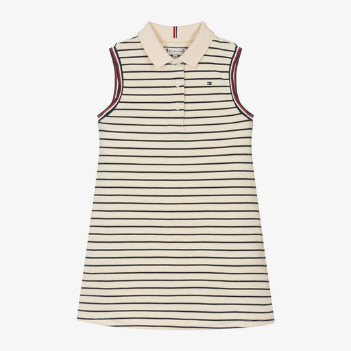 Tommy Hilfiger-Girls Ivory Striped Cotton Polo Dress | Childrensalon
