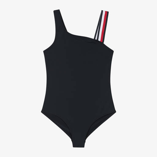Tommy Hilfiger-Girls Navy Blue Asymmetric Swimsuit | Childrensalon