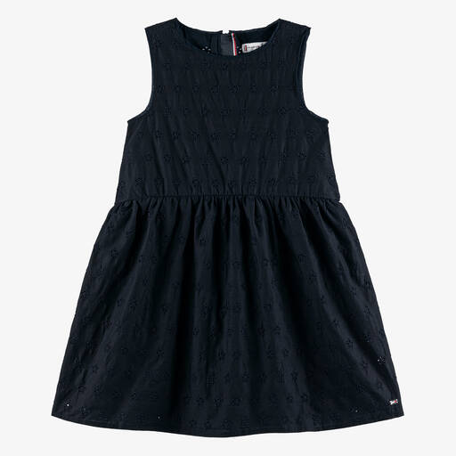Tommy Hilfiger-Girls Navy Blue Broderie Anglaise Dress | Childrensalon