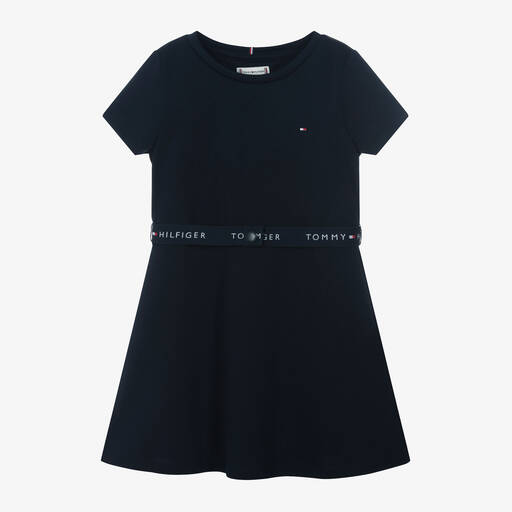 Tommy Hilfiger-Girls Navy Blue Jersey Belted Dress | Childrensalon