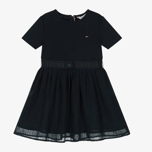 Tommy Hilfiger-Girls Navy Blue Jersey & Tulle Dress | Childrensalon