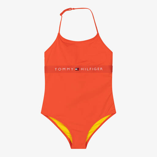 Tommy Hilfiger-Girls Orange Flag Logo Swimsuit | Childrensalon