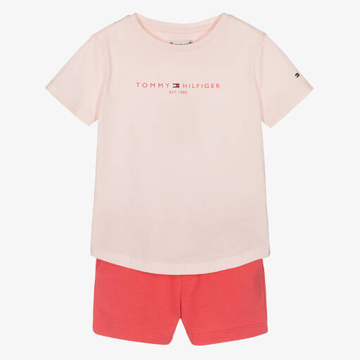Tommy Hilfiger-Girls Pink Cotton Logo Shorts Set | Childrensalon
