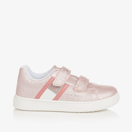 Tommy Hilfiger-Girls Pink Glitter Faux Leather Trainers | Childrensalon