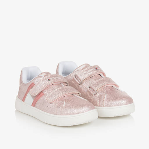 Tommy Hilfiger-Girls Pink Glitter Faux Leather Trainers | Childrensalon