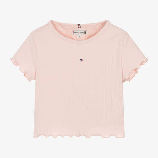 Tommy Hilfiger-Girls Pink Ribbed Cotton Jersey T-Shirt | Childrensalon