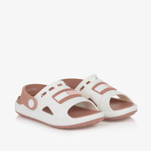 Tommy Hilfiger-Girls Pink & White Rubber Flag Logo Sandals | Childrensalon