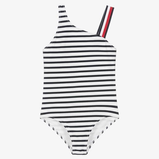 Tommy Hilfiger-Girls White & Blue Stripe Swimsuit | Childrensalon