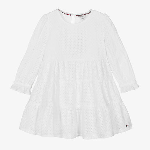Tommy Hilfiger-Girls White Cotton Broderie Anglaise Dress | Childrensalon