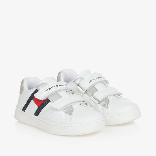 Tommy Hilfiger-Girls White Faux Leather Trainers | Childrensalon