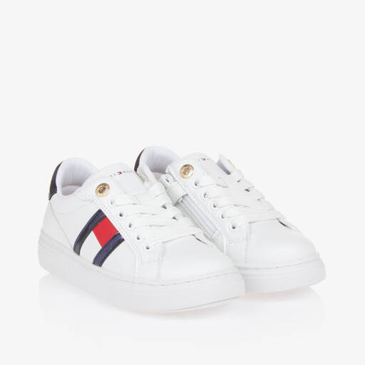 Tommy Hilfiger-Girls White Faux Leather Trainers | Childrensalon