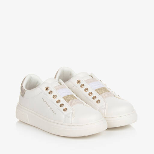 Tommy Hilfiger-Girls White & Gold Faux Leather Trainers | Childrensalon