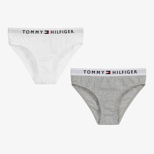 Tommy Hilfiger-Girls White & Grey Cotton Knickers (2 Pack) | Childrensalon