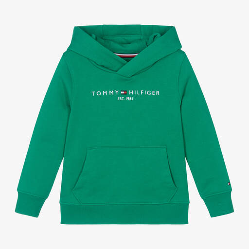 Tommy Hilfiger-Green Cotton Flag Logo Hoodie | Childrensalon