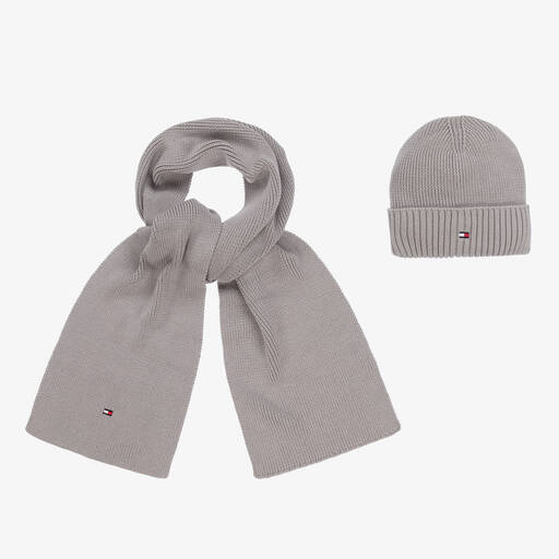 Tommy Hilfiger-Grey Cotton Hat & Scarf Set | Childrensalon