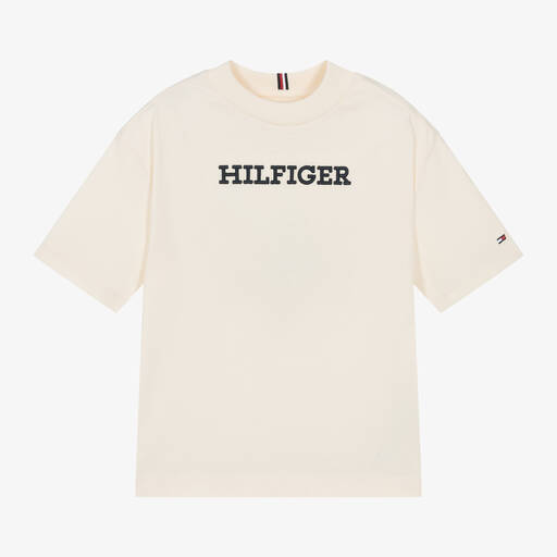 Tommy Hilfiger-Ivory Embroidered Cotton T-Shirt | Childrensalon